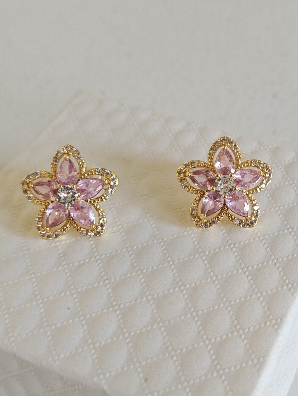 Pink Flower Stud Earrings — 18k Gold Plated